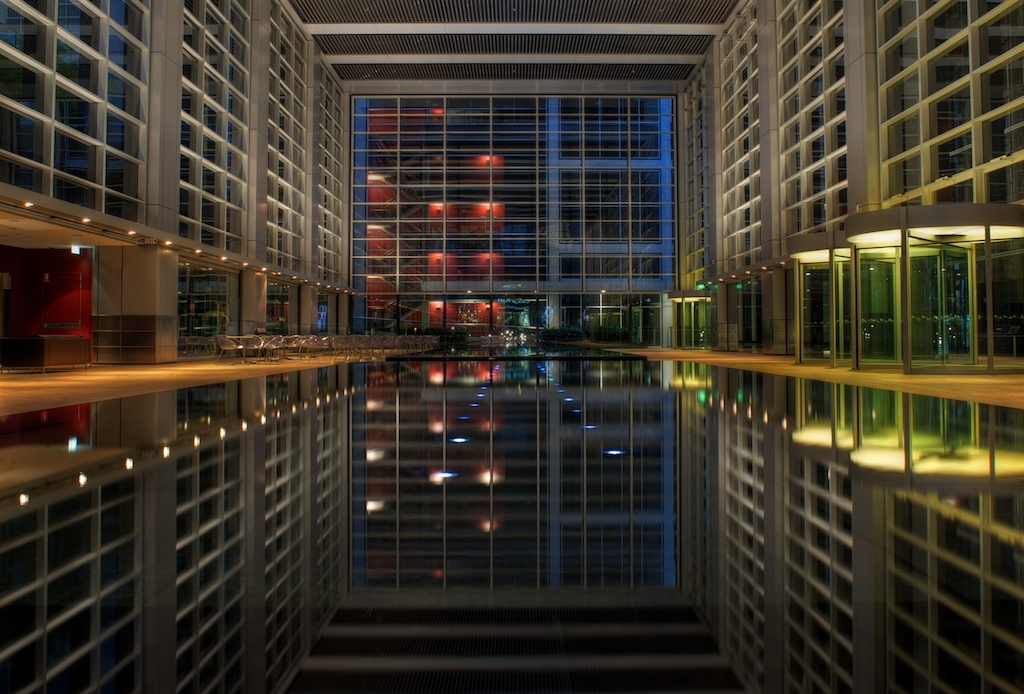 Deutsche Bank Place atrium at dusk in HDR
